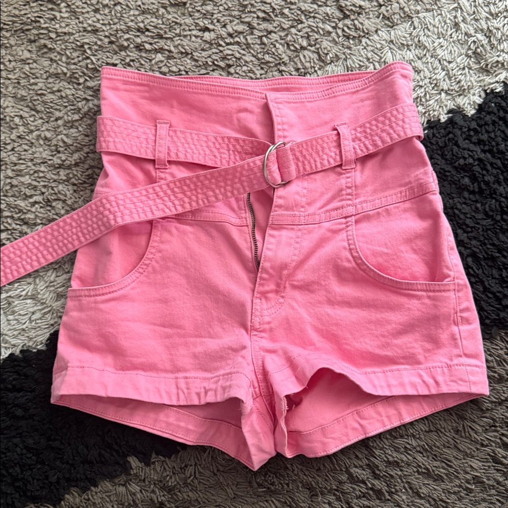 Pink High-Waisted Belted Shorts, H&M